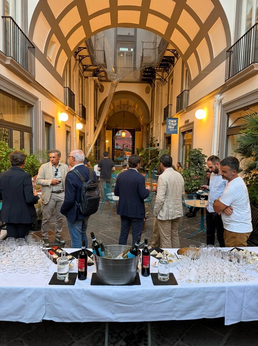 Partecipanti al roadshow durante l'aperitivo in un cortile illuminato